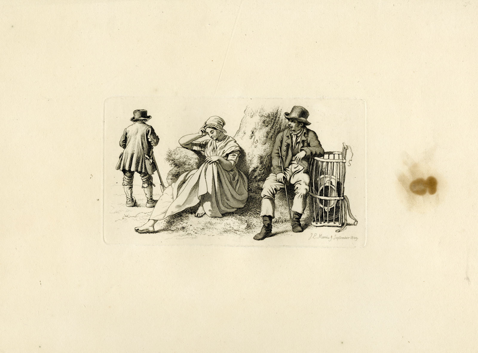 , Antique Master Print-WOMAN-SEWING-MAN-CAGE-TREE-REST-Marcus-1809, Pictura Antique Prints