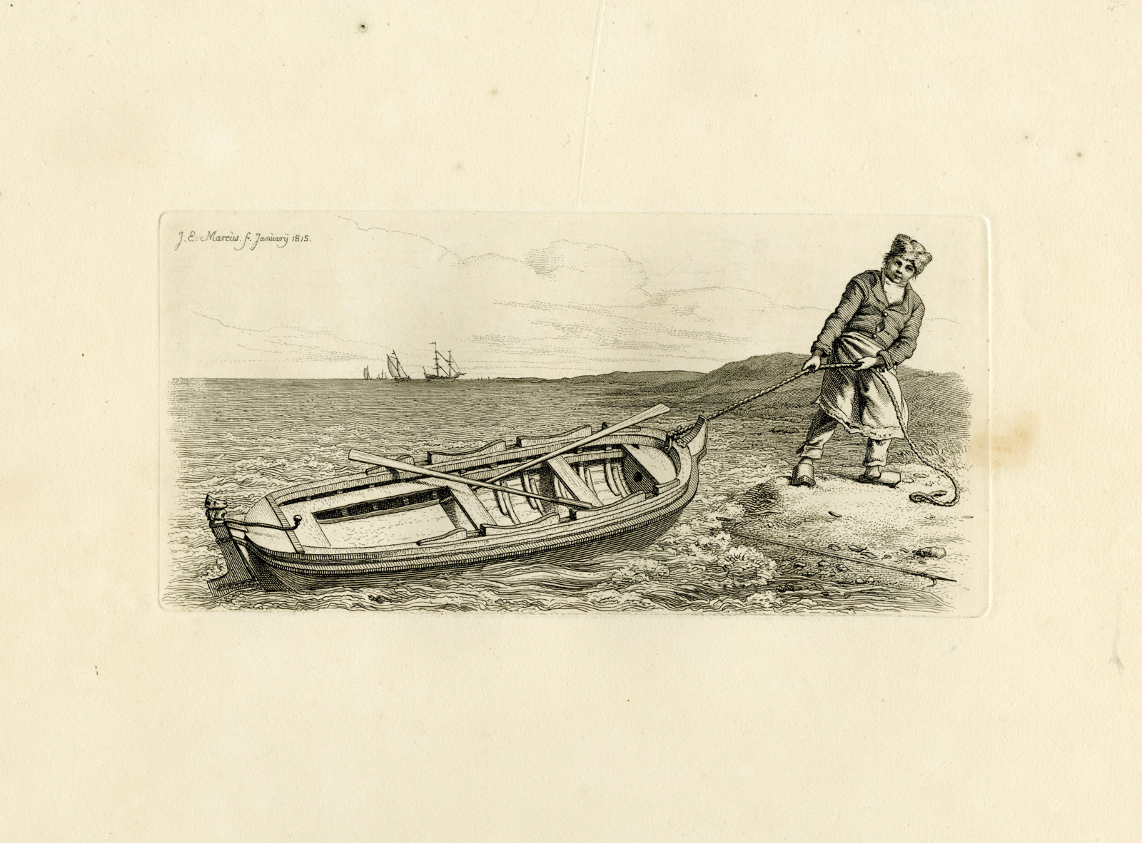 , Antique Master Print-FISHERMAN-BOAT-SHORE-SEA-HAULING-Marcus-1815, Pictura Antique Prints