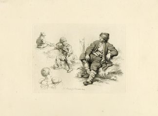 Antique Master Print-SEATED-MAN-BOYS-GRASS-STUDY-SCENE-Marcus-1809