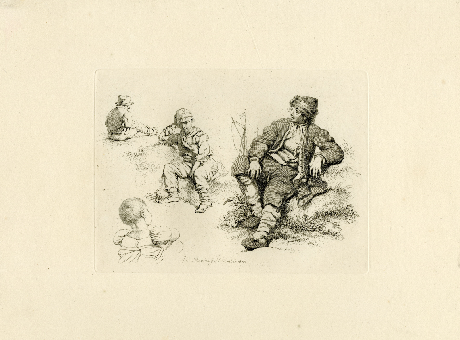 , Antique Master Print-SEATED-MAN-BOYS-GRASS-STUDY-SCENE-Marcus-1809, Pictura Antique Prints