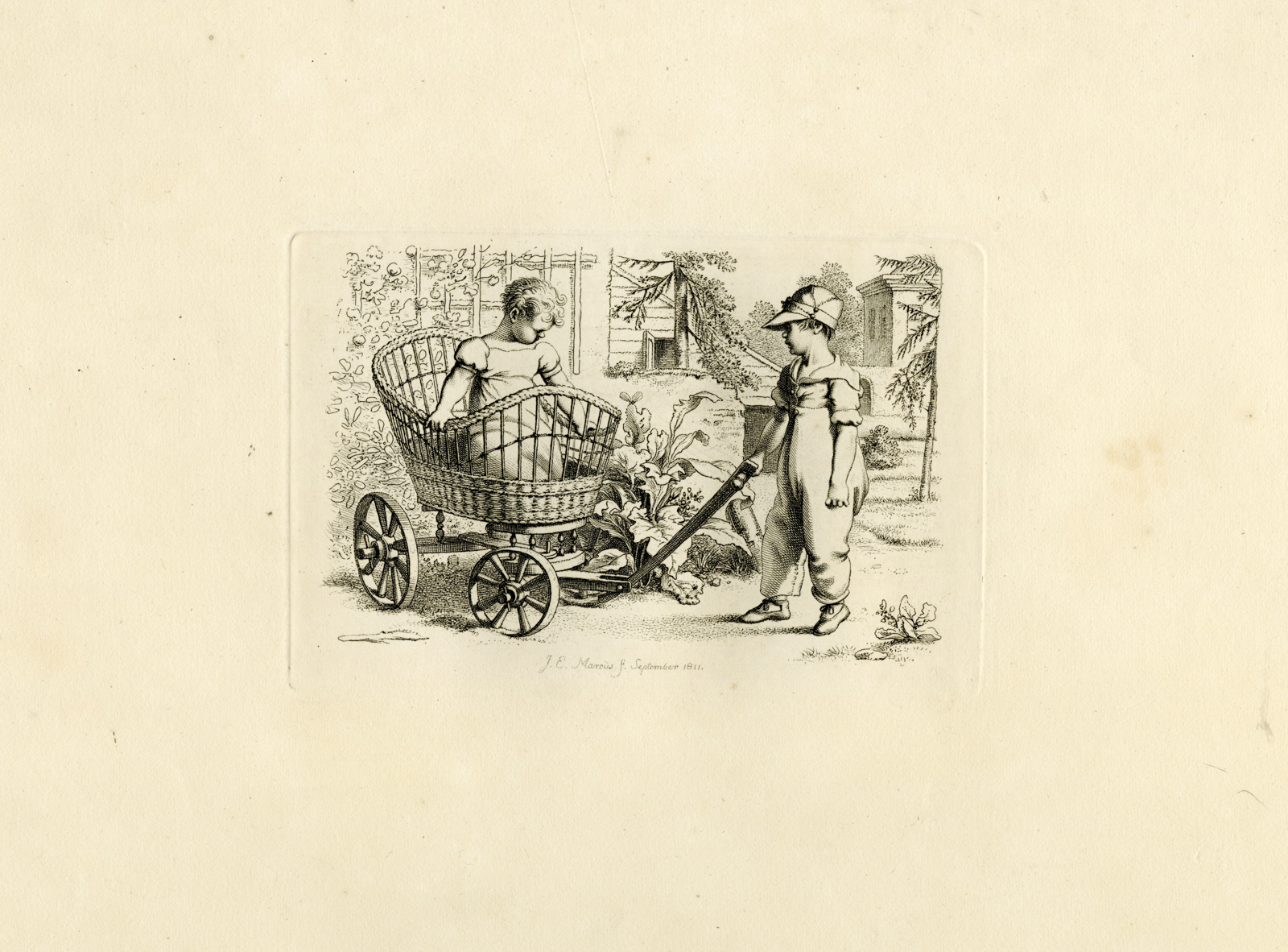 , Antique Master Print-CHILDREN-GARDEN-CRADLE-CART-PLAY-Marcus-1811, Pictura Antique Prints