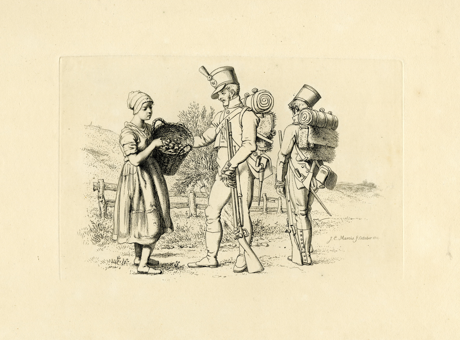 , Antique Master Print-SOLDIERS-GIRL-BASKET-APPLE-ROADSCENE-Marcus-1814, Pictura Antique Prints