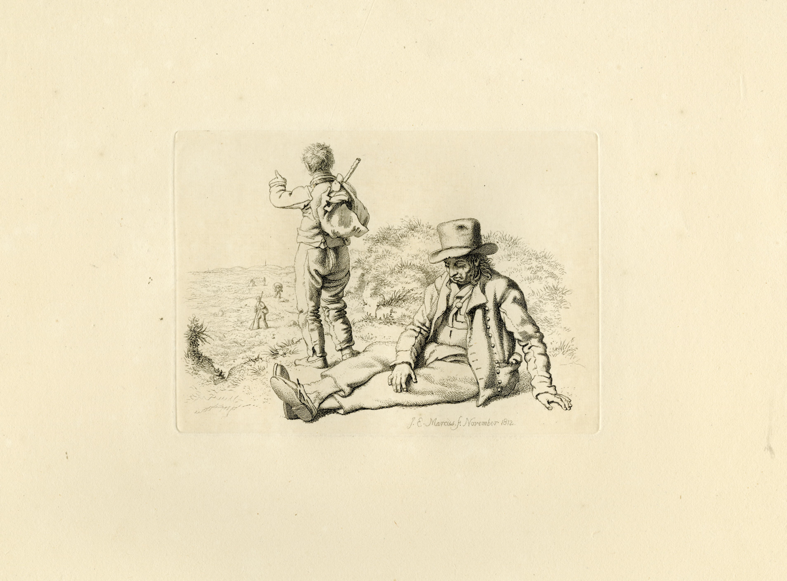 , Antique Master Print-RESTING-MAN-WALKER-KNAPSACK-ROADSCENE-Marcus-1812, Pictura Antique Prints