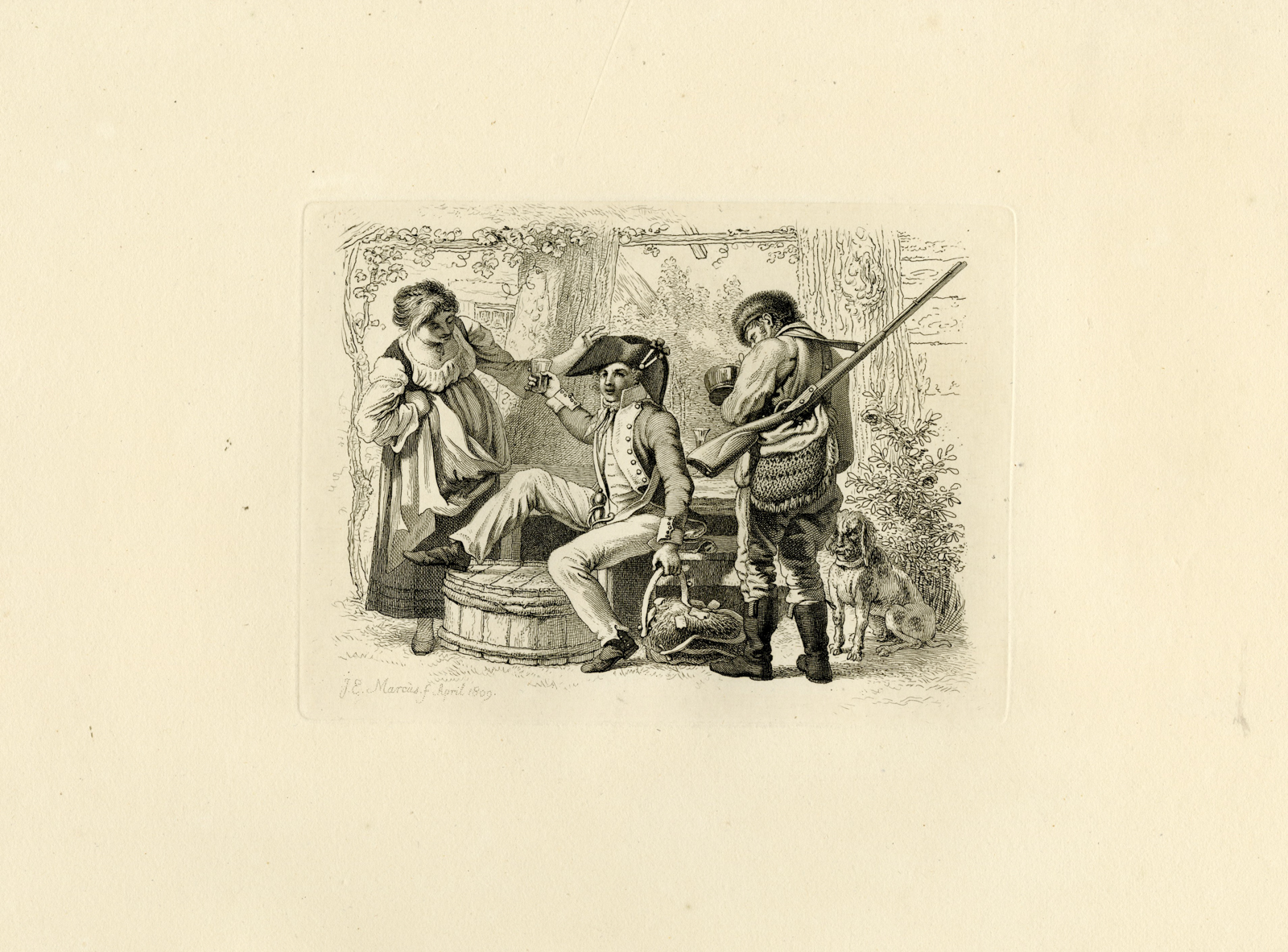 , Antique Master Print-SOLDIER-HUNTER-WOMAN-TAVERN-SCENE-Marcus-1809, Pictura Antique Prints