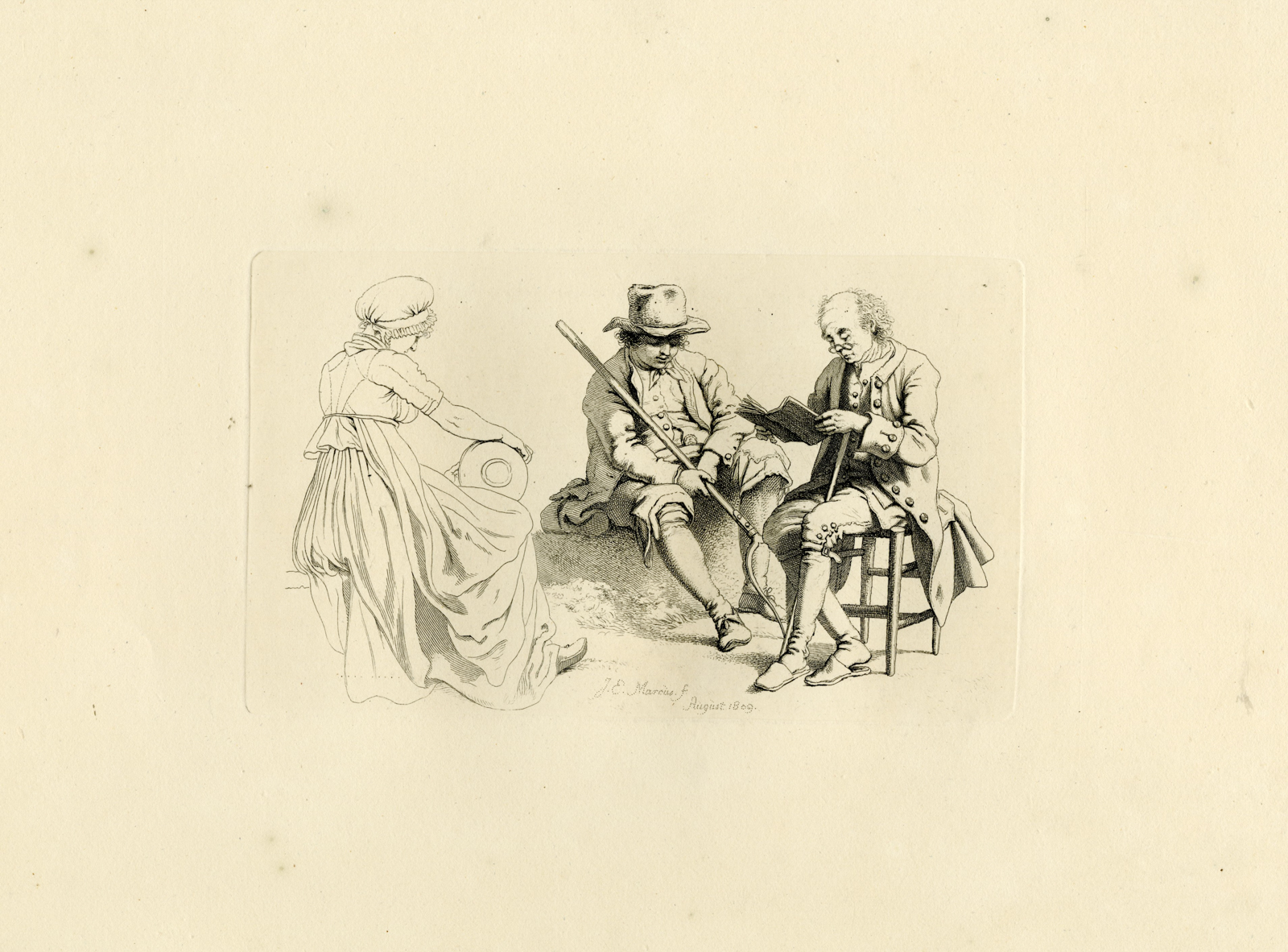 , Antique Master Print-RUSTIC-READING-SCENE-AUGUST-Marcus-1809, Pictura Antique Prints