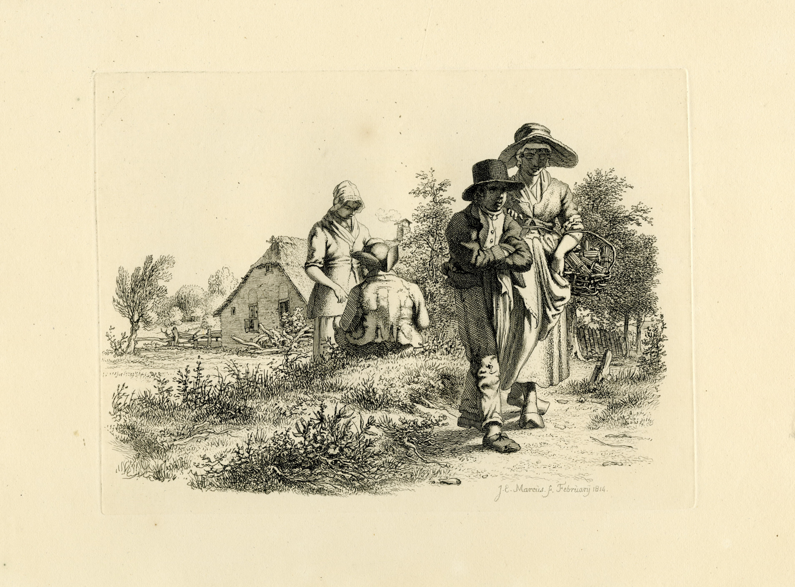 , Antique Master Print-VILLAGE-FAMILY-SCENE-FEBRUARY-Marcus-1814, Pictura Antique Prints
