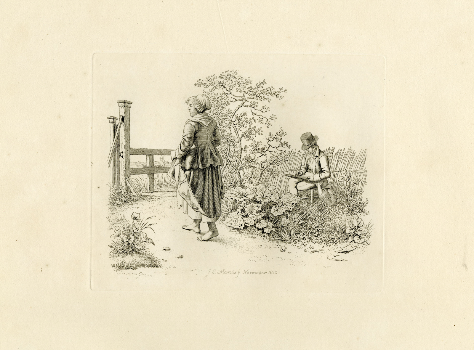 , Antique Master Print-COUNTRY-WOMAN-ARTIST-NOVEMBER-Marcus-1810, Pictura Antique Prints
