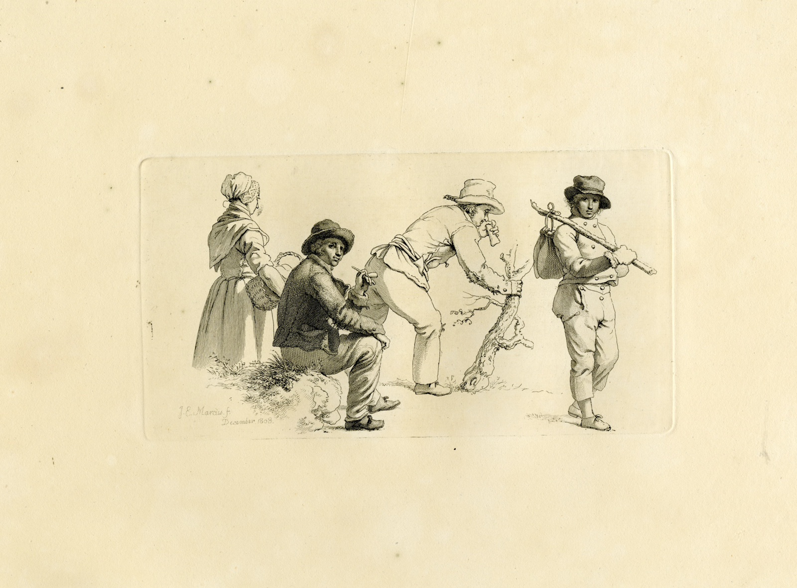 , Antique Master Print-FOUR-FIGURES-RURAL-SCENE-DECEMBER-Marcus-1808, Pictura Antique Prints