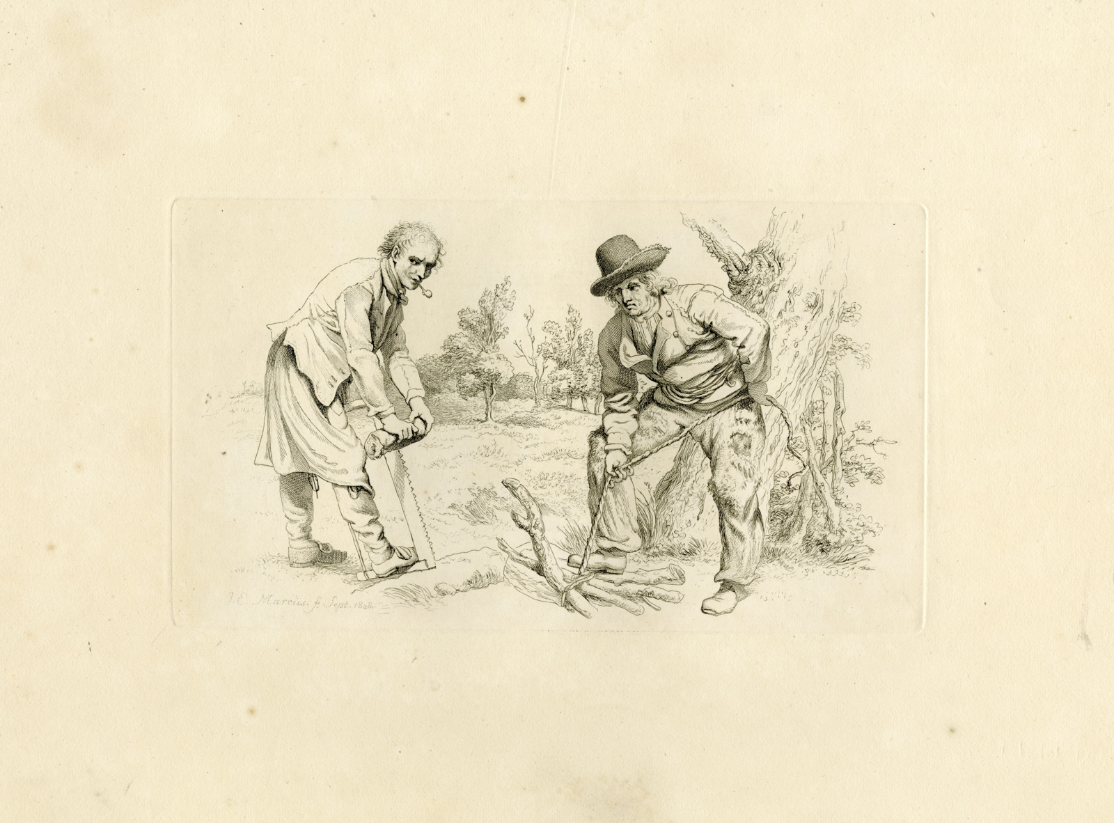 , Antique Master Print-TWO-MEN-CUTTING-WOOD-SEPTEMBER-Marcus-1812, Pictura Antique Prints