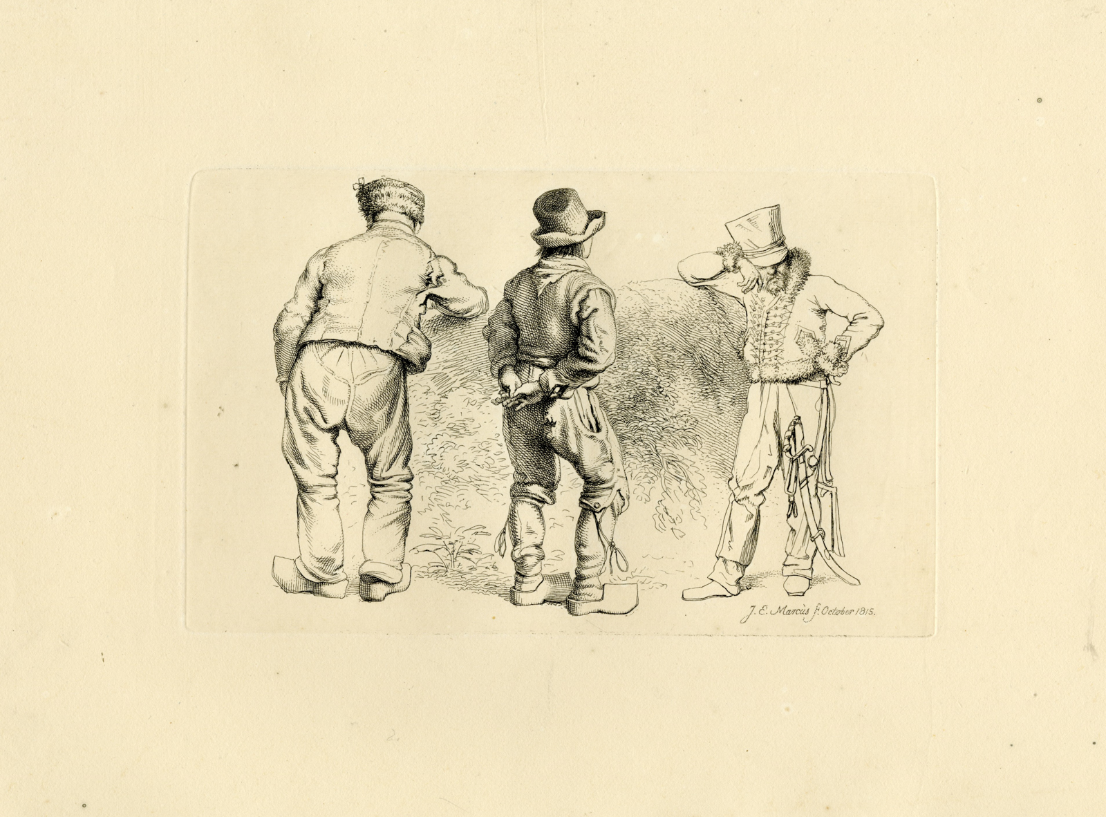 , Antique Master Print-THREE-RUSTIC-MEN-BACKVIEW-TOOLS-Marcus-1815, Pictura Antique Prints