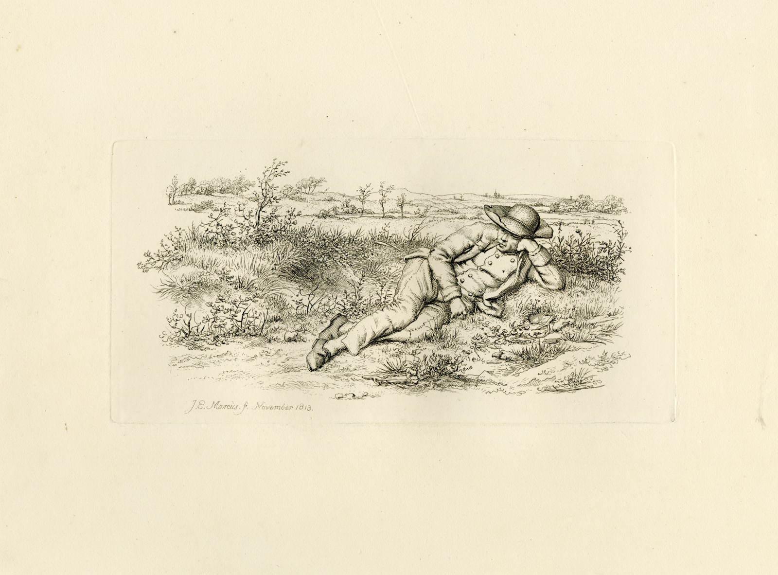 , Antique Master Print-RUSTIC-MAN-RECLINING-COUNTRYSIDE-LANDSCAPE-Marcus-1813, Pictura Antique Prints