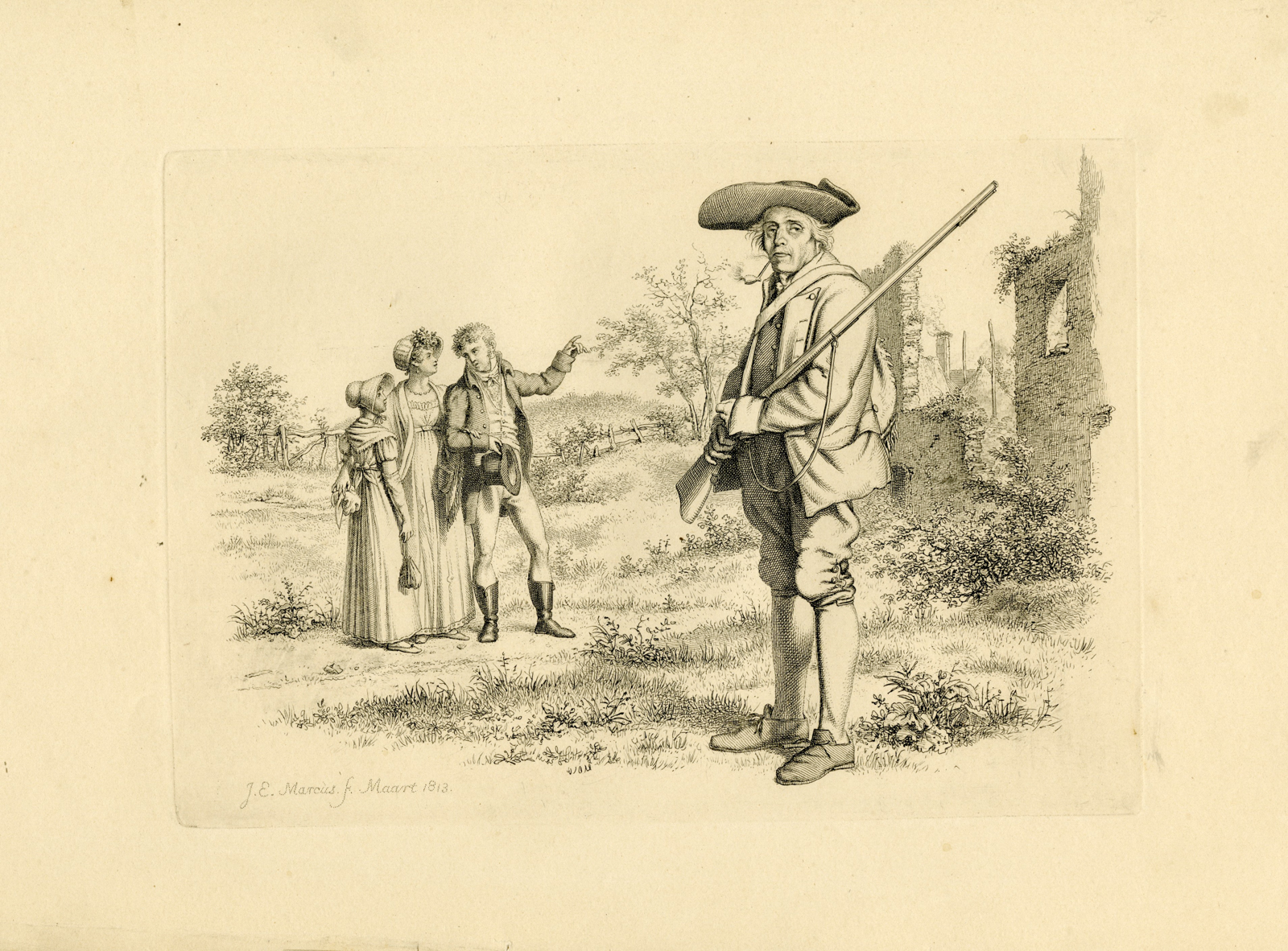 , Antique Master Print-OLD-SOLDIER-RUINS-GROUP-FIGURES-RURAL-Marcus-1813, Pictura Antique Prints