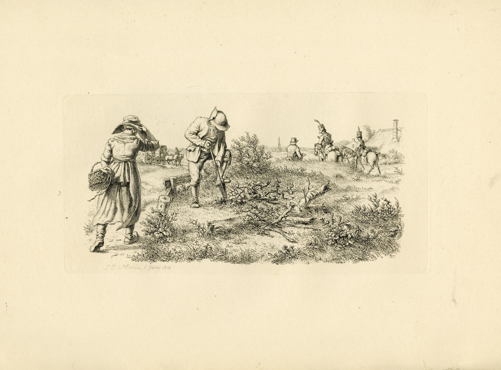 , Antique Master Print-FARM-WORKERS-SOLDIERS-LANDSCAPE-Marcus-1813, Pictura Antique Prints