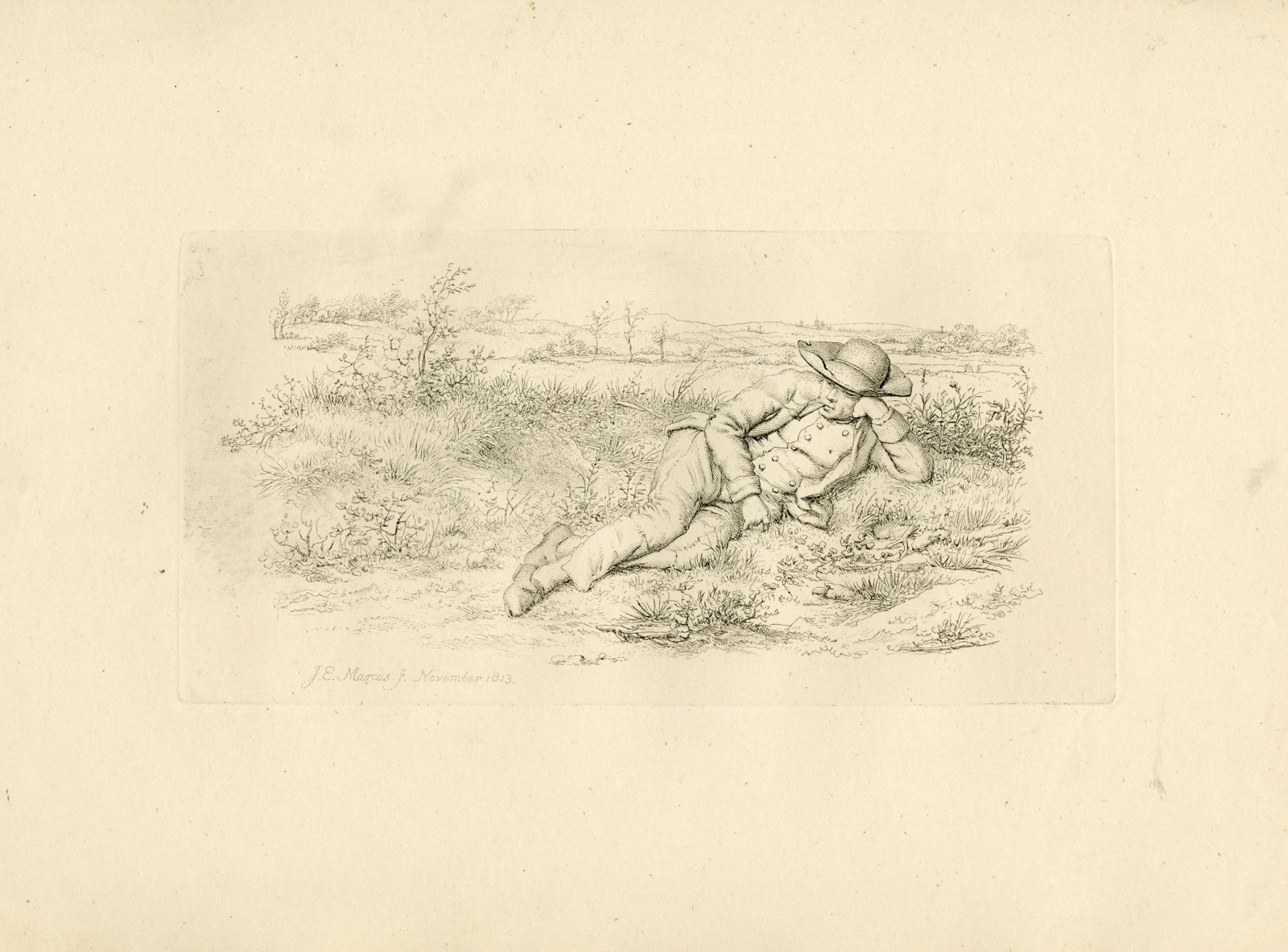 , Antique Master Print-RECLINING-FIGURE-COUNTRYSIDE-PASTORAL-Marcus-1813, Pictura Antique Prints