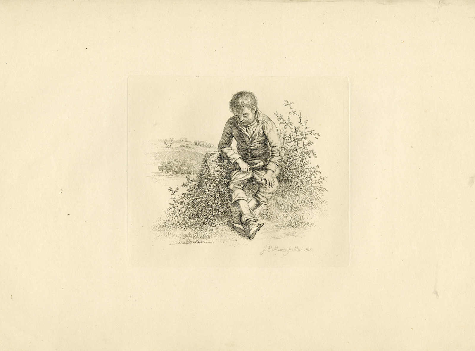 , Antique Master Print-SEATED-BOY-RURAL-HILL-SCENE-Marcus-1816, Pictura Antique Prints