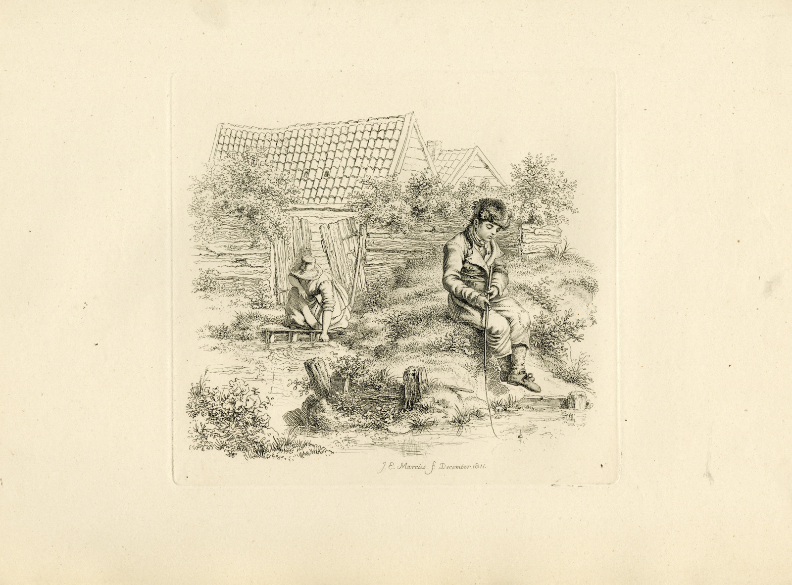 , Antique Master Print-COUNTRY-BOYS-FISHING-RURAL-HOUSE-Marcus-1811, Pictura Antique Prints