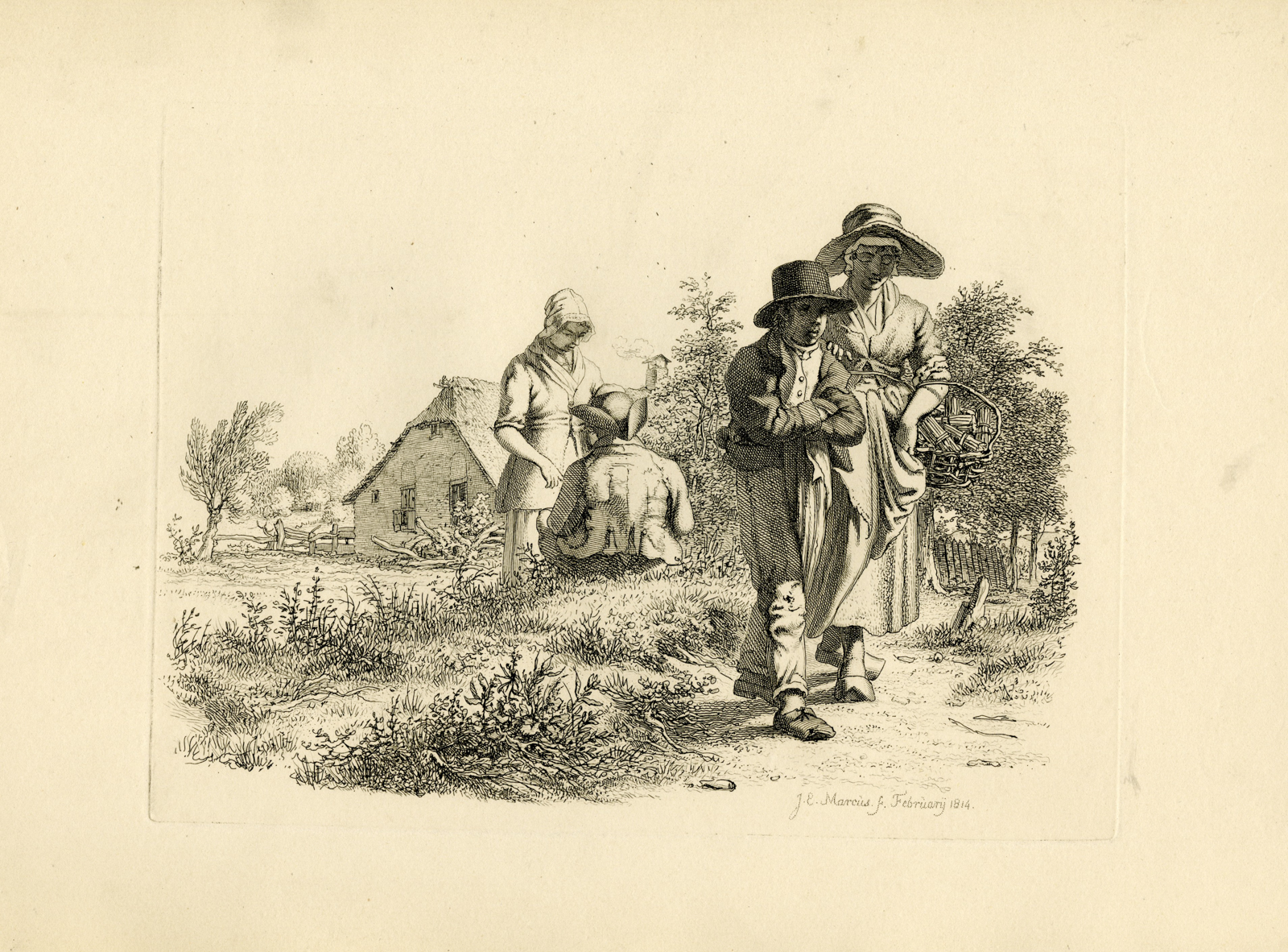 , Antique Master Print-PEASANT-FAMILY-COTTAGE-RURAL-SCENE-Marcus-1814, Pictura Antique Prints