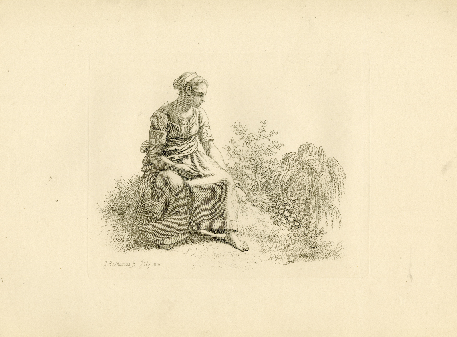 , Antique Master Print-PEASANT-WOMAN-WILLOW-TREE-Marcus-1816, Pictura Antique Prints