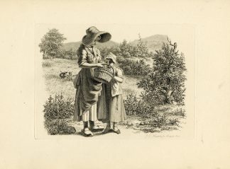 Antique Master Print-COUNTRY-WOMAN-GIRL-BASKET-SCENE-Marcus-1814