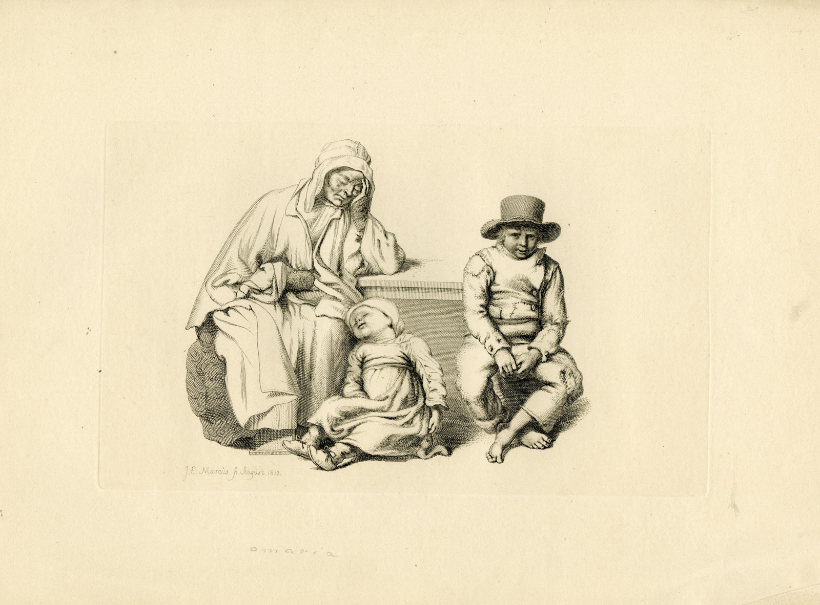 , Antique Master Print-FAMILY-SCENE-REST-GENERATIONS-Marcus-1813, Pictura Antique Prints