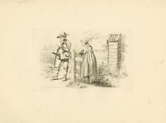 Antique Master Print-RURAL-FENCE-CONVERSATION-FARM-SCENE-Marcus-1812