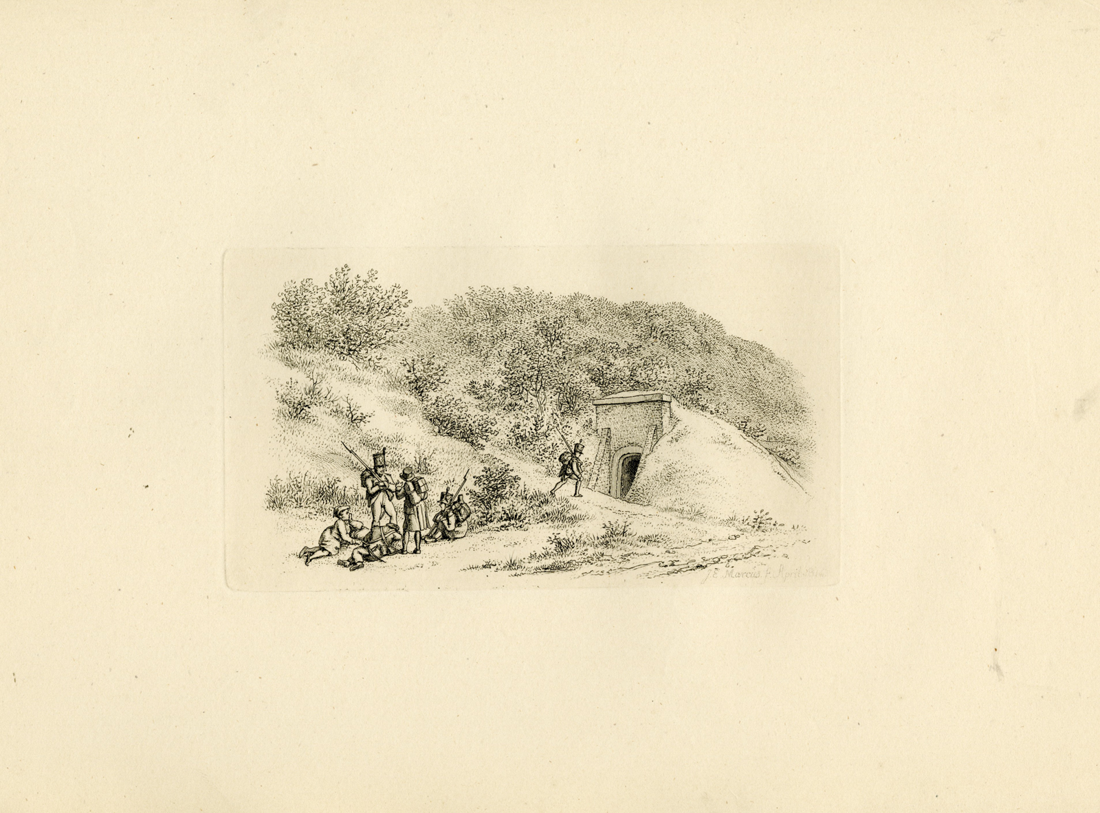 , Antique Master Print-SOLDIERS-MILITARY-FORTIFIED-COUNTRYSIDE-Marcus-1810, Pictura Antique Prints