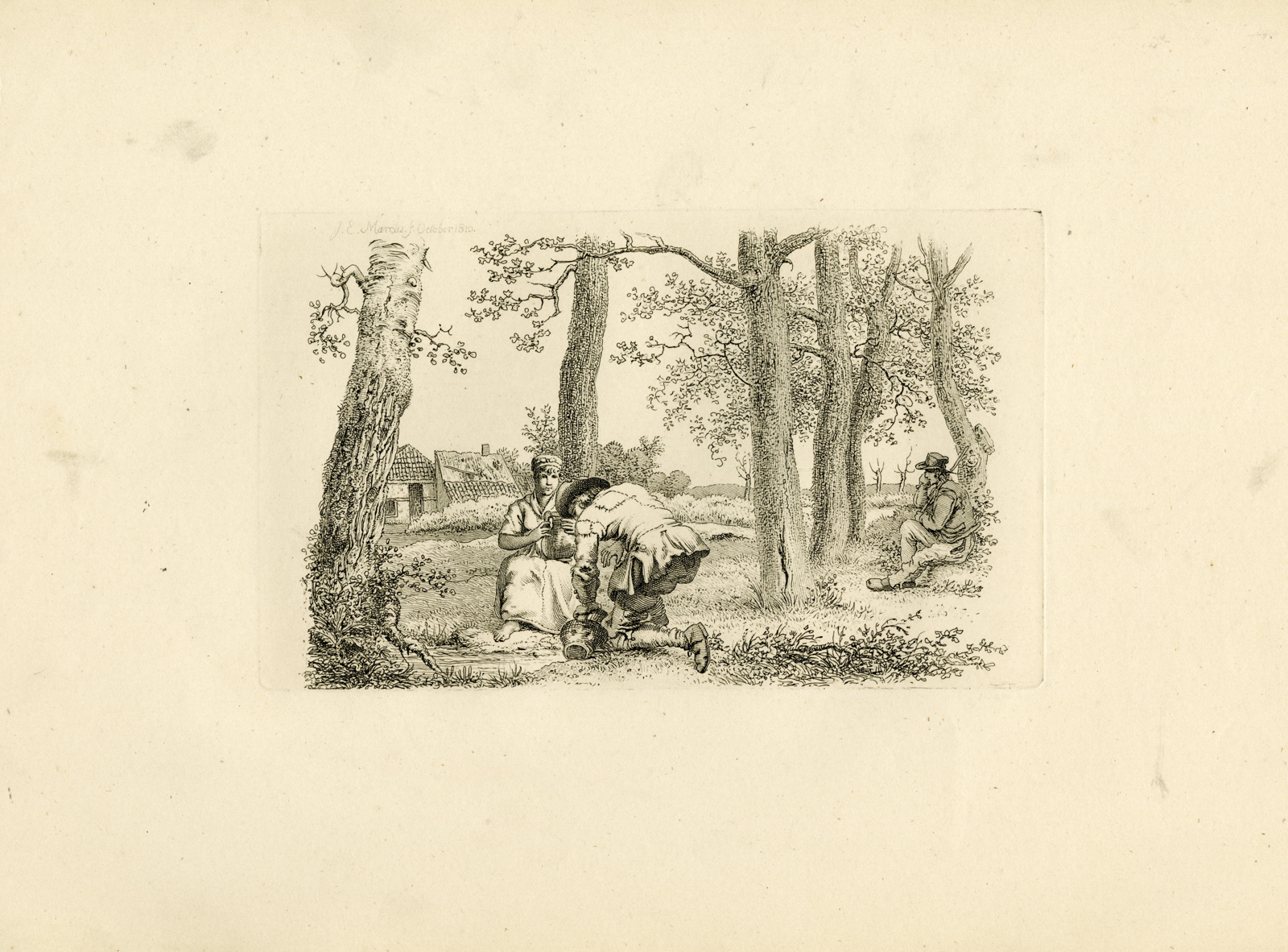 , Antique Master Print-PEASANTS-WOODLAND-RESTING-RURAL-SCENE-Marcus-1810, Pictura Antique Prints
