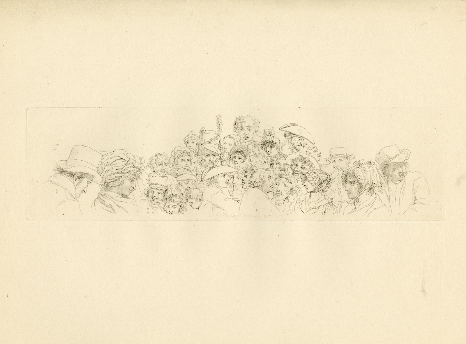 , Antique Master Print-CROWD-HEAD-STUDY-FACES-CHARACTER-SKETCH-Marcus-1807, Pictura Antique Prints