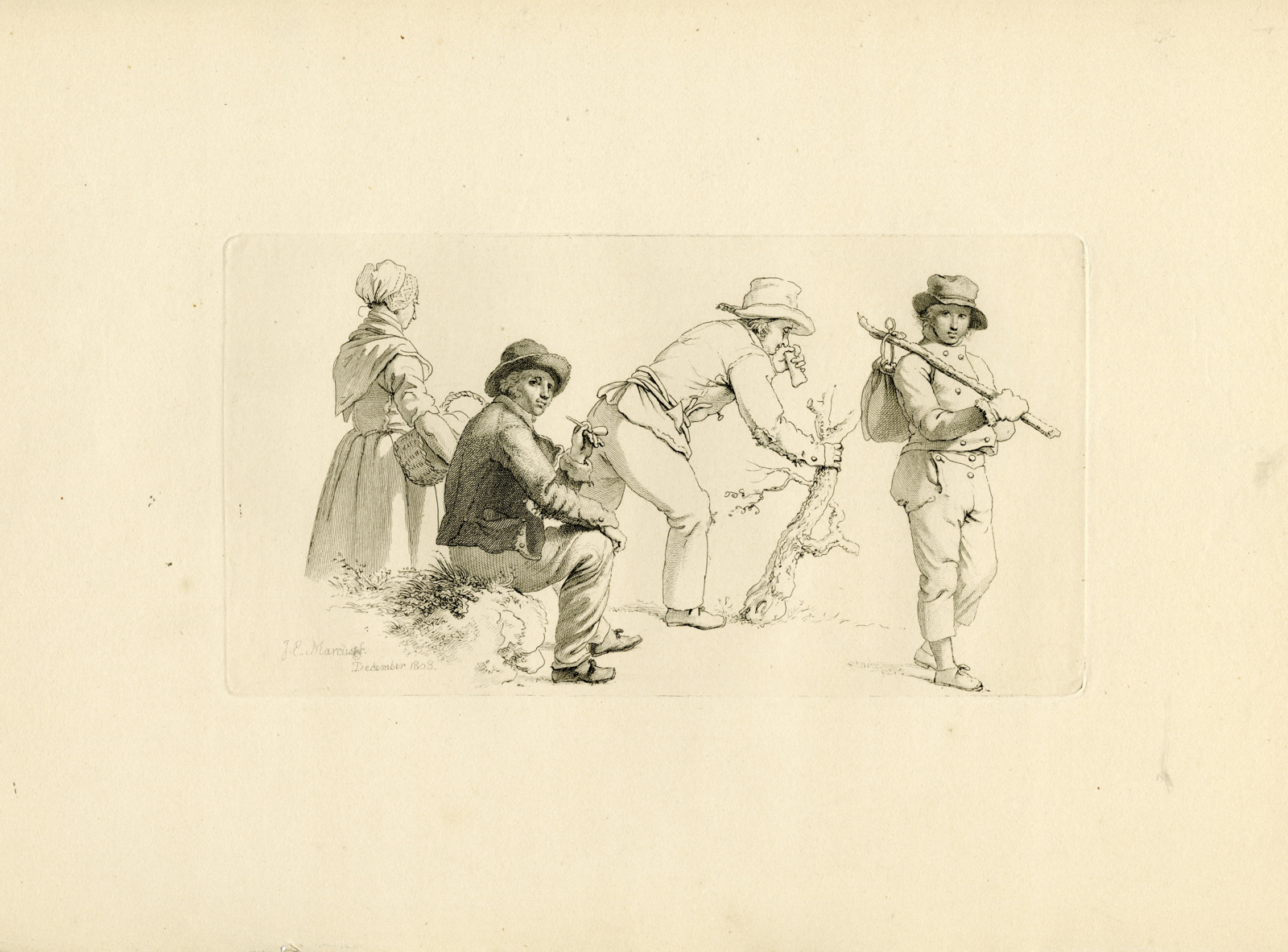 , Antique Master Print-PEASANTS-GENRE-SCENE-RURAL-GROUP-Marcus-1803, Pictura Antique Prints