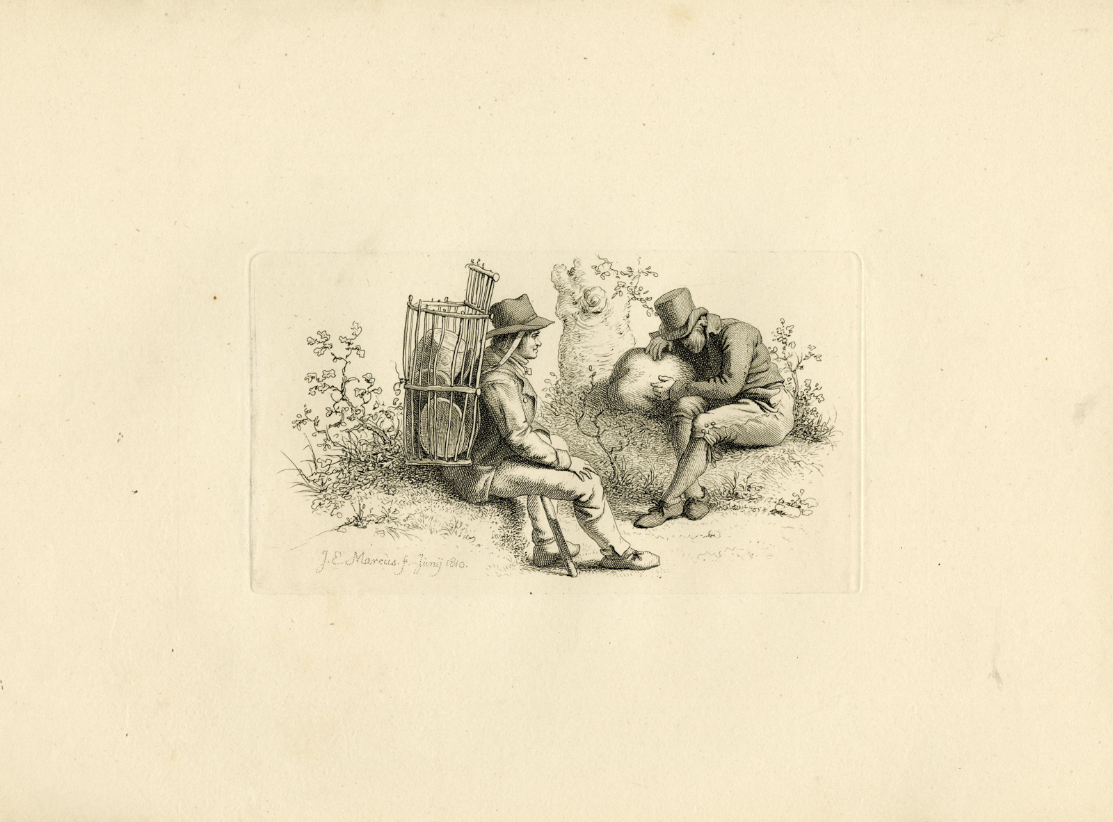 , Antique Master Print-RESTING-PEASANTS-WITH-CARRIER-BASKET-Marcus-1810, Pictura Antique Prints