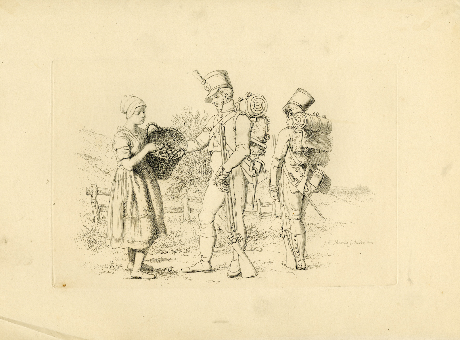 , Antique Master Print-SOLDIERS-AND-PEASANT-GIRL-APPLE-SCENE-Marcus-1811, Pictura Antique Prints