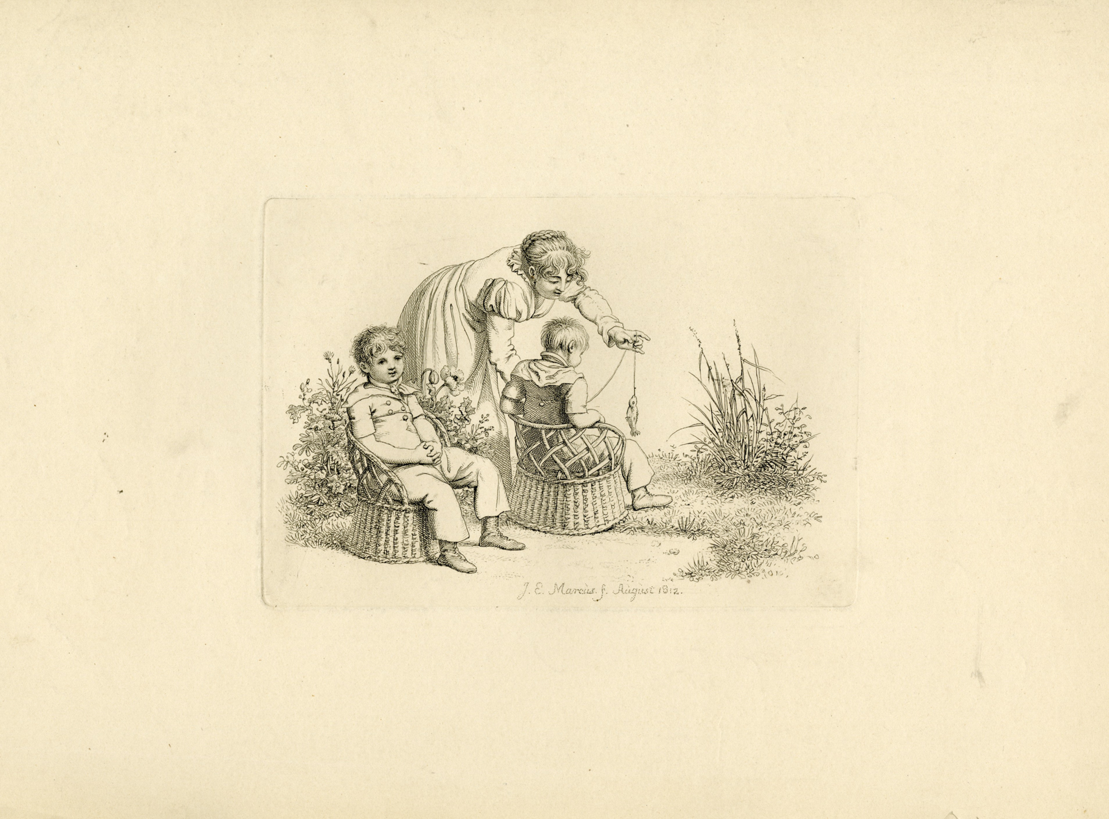 , Antique Master Print-CHILDREN-GARDEN-SCENE-BASKET-SEATS-Marcus-1812, Pictura Antique Prints