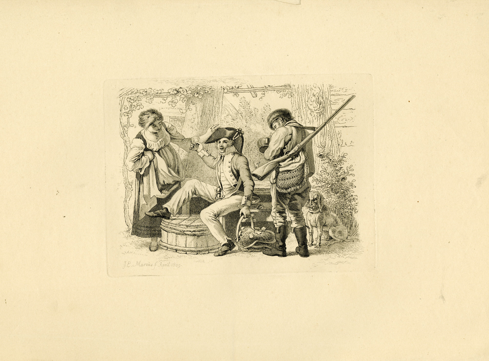 , Antique Master Print-SOLDIER-HUNTER-TAVERN-SCENE-TOAST-DOG-Marcus-1809, Pictura Antique Prints