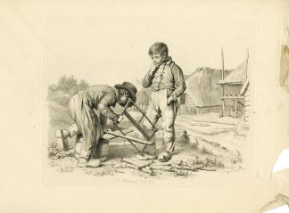 Antique Master Print-RURAL-CHILDREN-WOODWORK-SAWING-PEASANT-SCENE-Marcus-1812