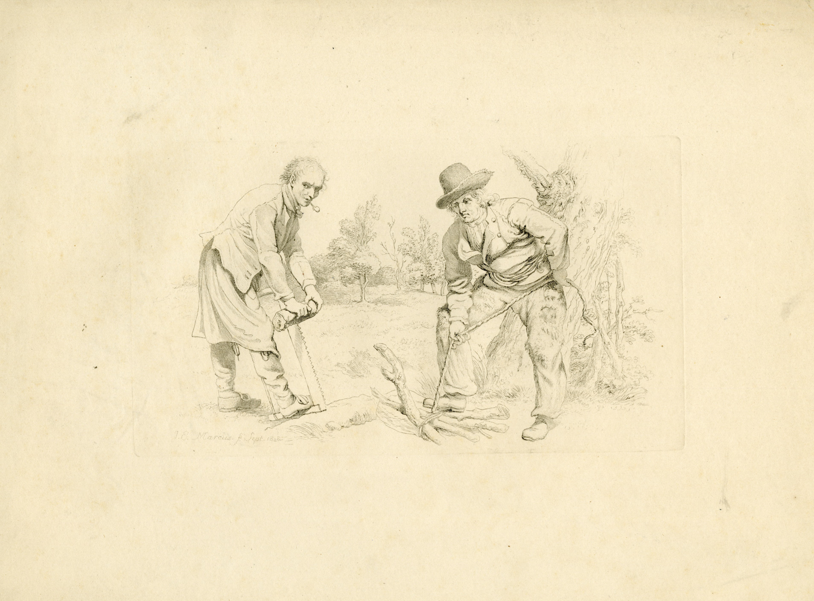 , Antique Master Print-PEASANTS-WOODCUTTING-RURAL-LABOR-TREE-SAWING-Marcus-1812, Pictura Antique Prints