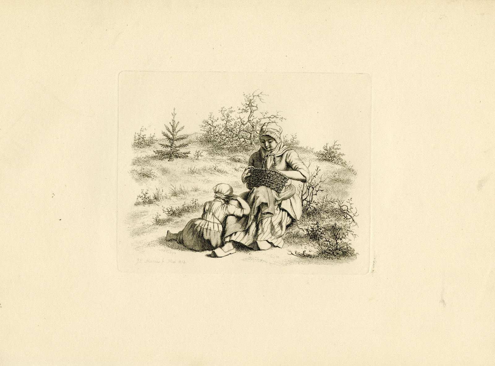 , Antique Master Print-BASKET-WEAVING-WOMAN-CHILD-COUNTRYSIDE-Marcus-1813, Pictura Antique Prints