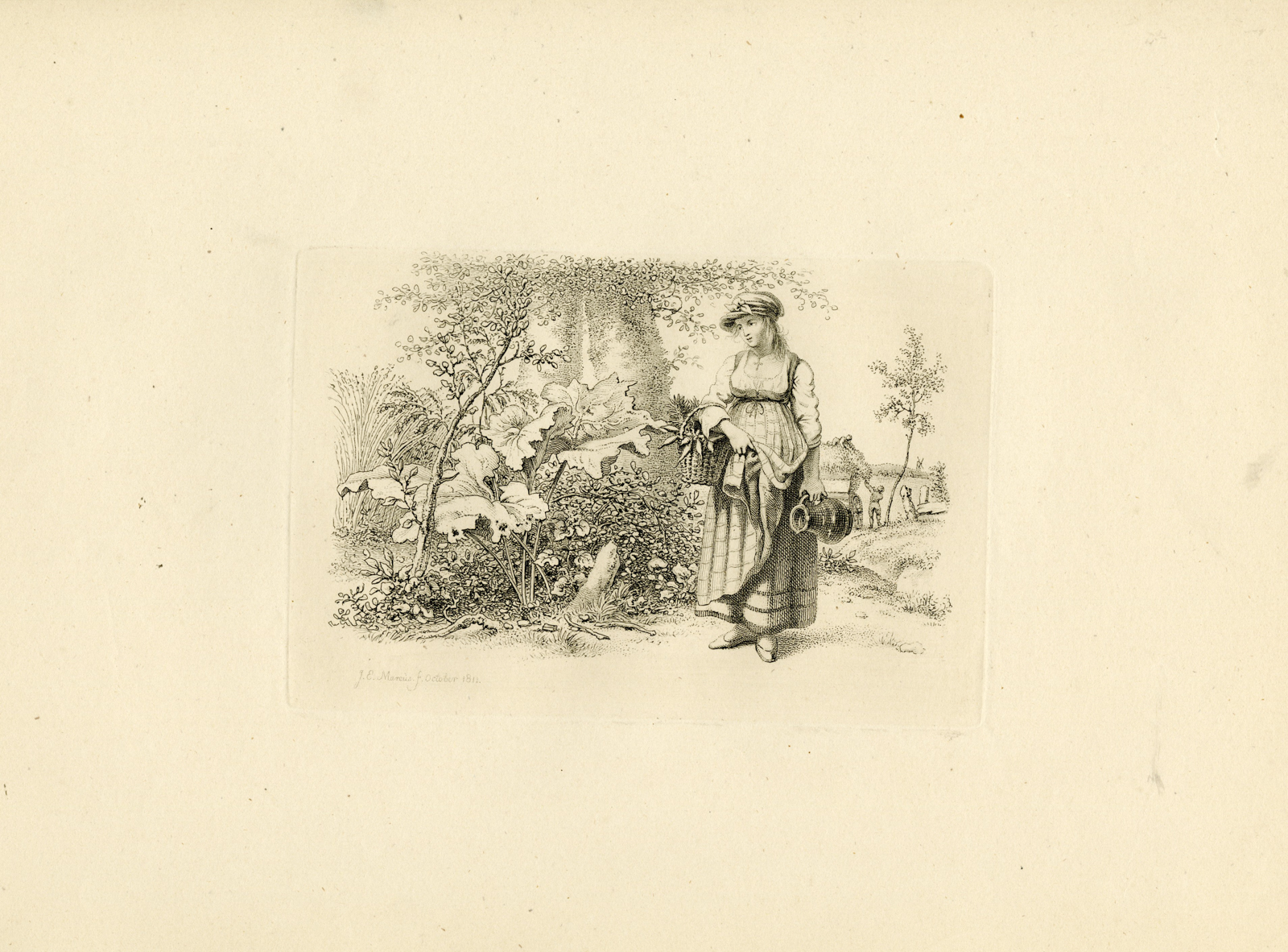 , Antique Master Print-YOUNG-WOMAN-GARDENING-RURAL-SCENE-Marcus-1811, Pictura Antique Prints