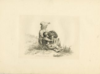 Antique Master Print-WOMAN-CHILD-FRUIT-BASKET-COUNTRYSIDE-Marcus-1815