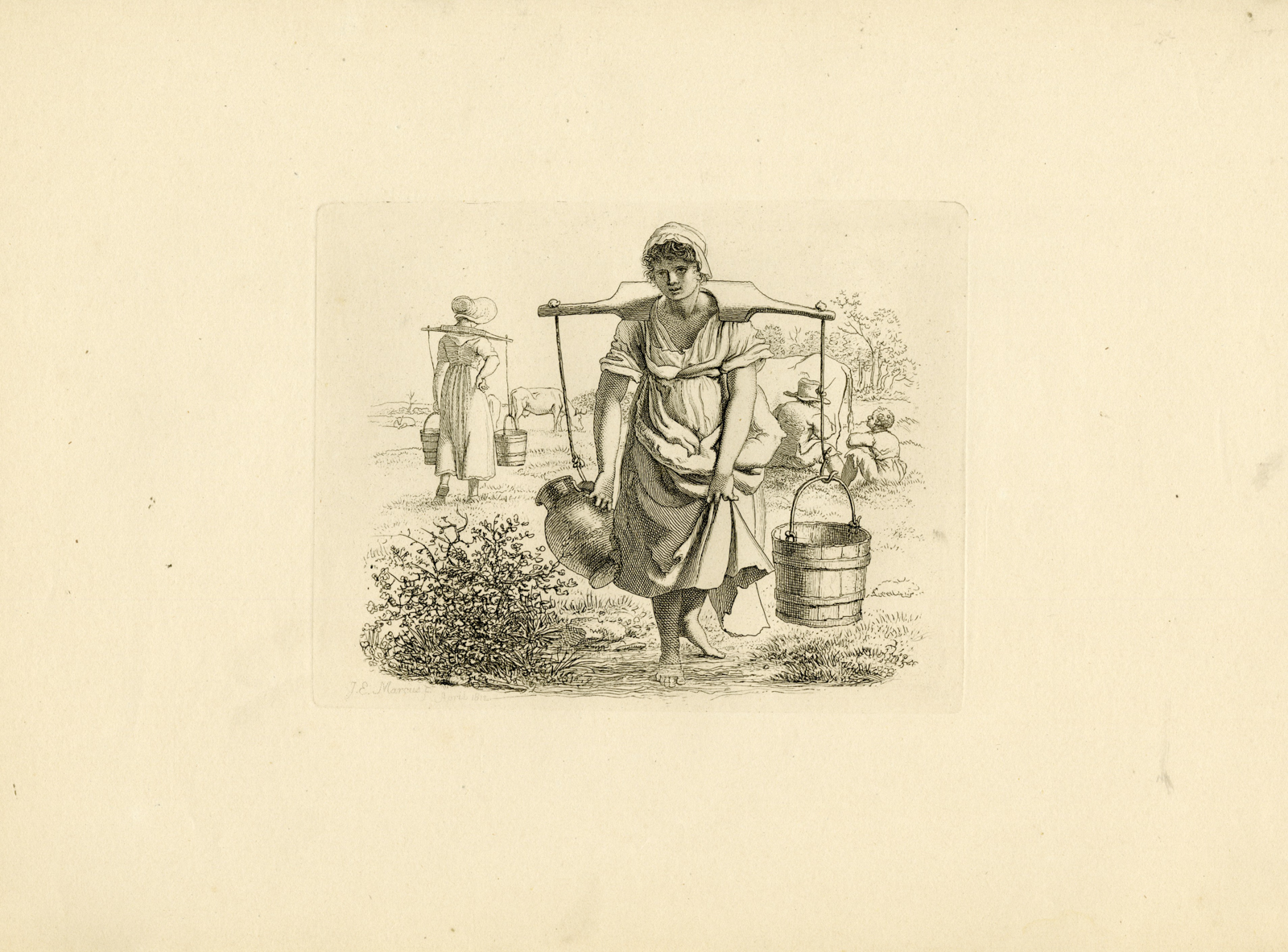 , Antique Master Print-MILKMAID-WOODEN-BUCKET-YOKE-PASTORAL-Marcus-1813, Pictura Antique Prints