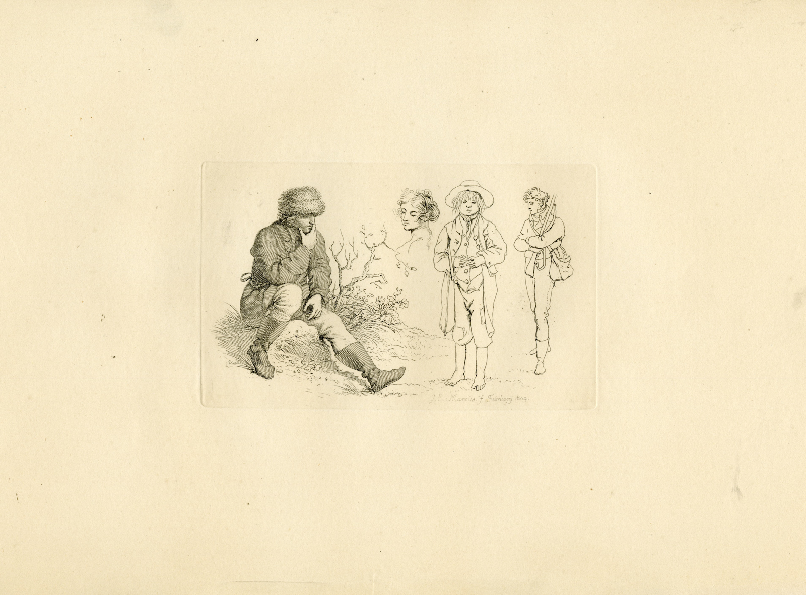 , Antique Master Print-PEASANT-STUDIES-FIGURE-SKETCHES-Marcus-1809, Pictura Antique Prints
