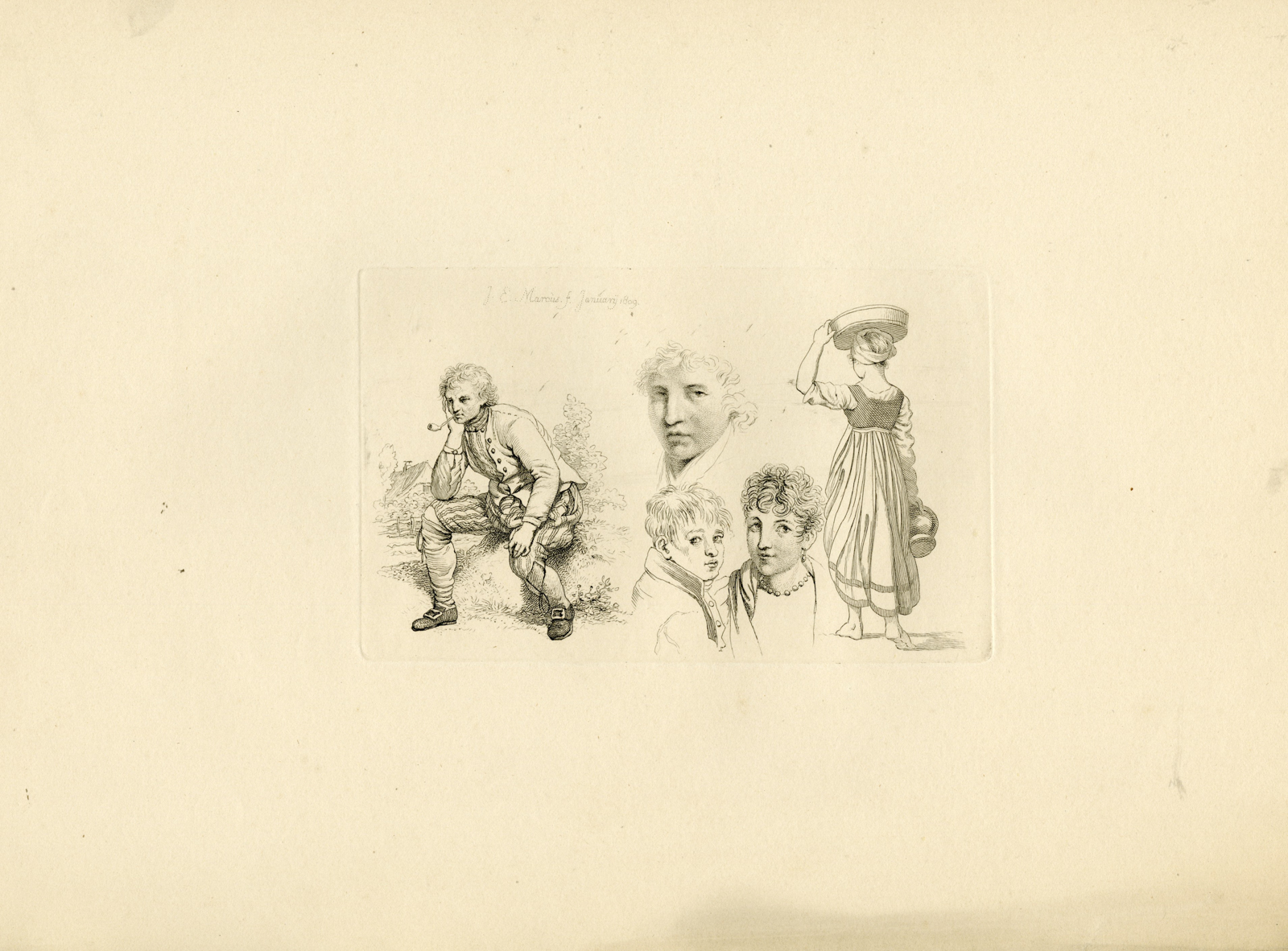, Antique Master Print-PEASANT-STUDY-HEADS-CHARACTER-FIGURES-Marcus-1809, Pictura Antique Prints