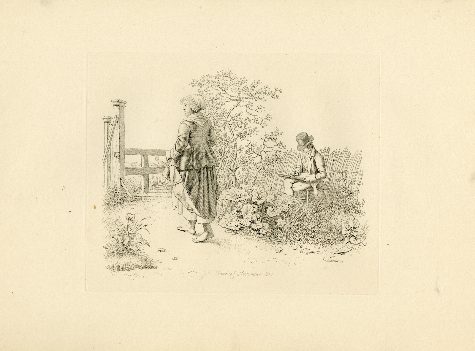 , Antique Master Print-SKETCHING-FIGURE-RURAL-GATE-SCENE-Marcus-1810, Pictura Antique Prints