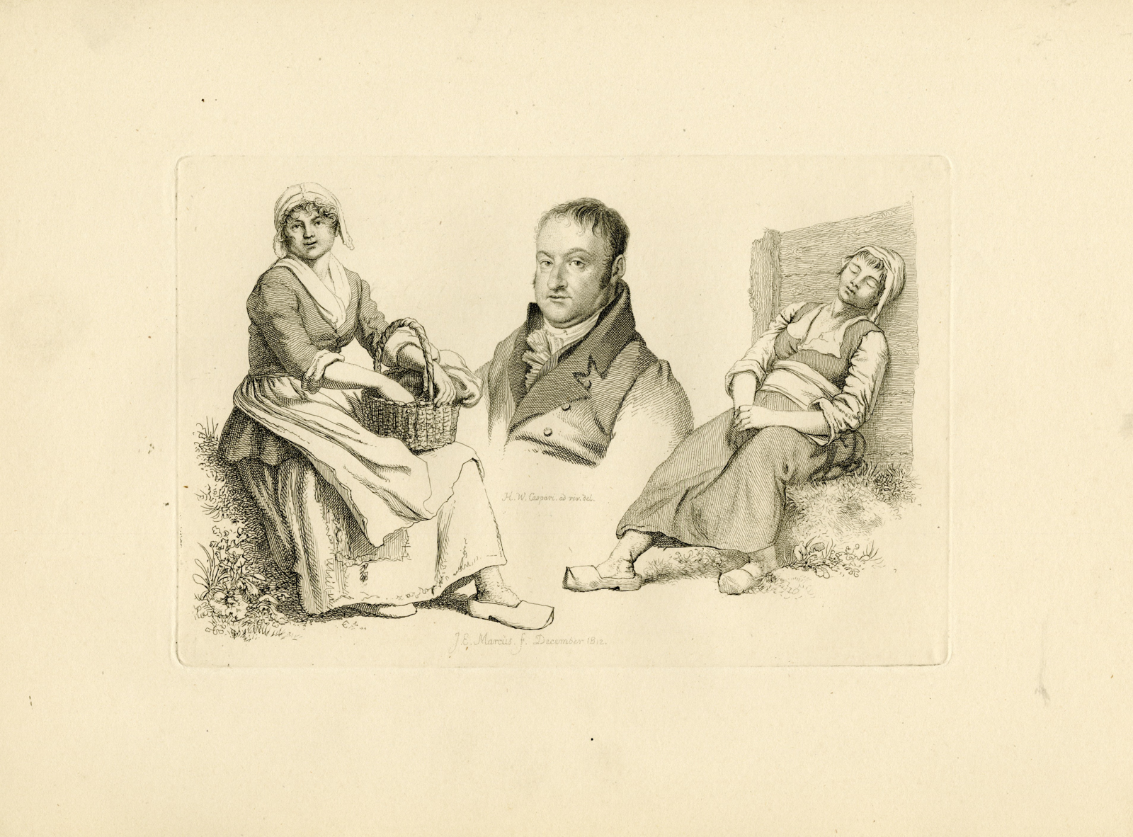 , Antique Master Print-WOMAN-BASKET-MAN-SLEEPING-FIGURE-Marcus-Caspari-1812, Pictura Antique Prints