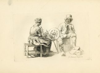 Antique Master Print-SPINNING-WHEEL-WOMAN-MAN-RUSTIC-SCENE-Marcus-1815