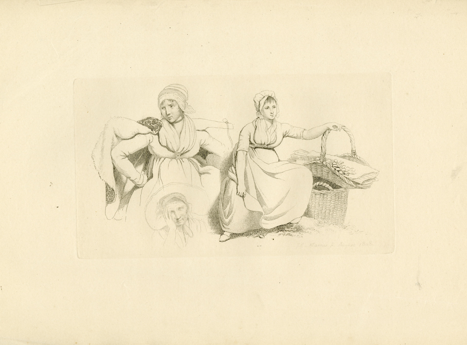 , Antique Master Print-WOMEN-STUDY-SEATED-FIGURES-BASKET-Marcus-1808, Pictura Antique Prints