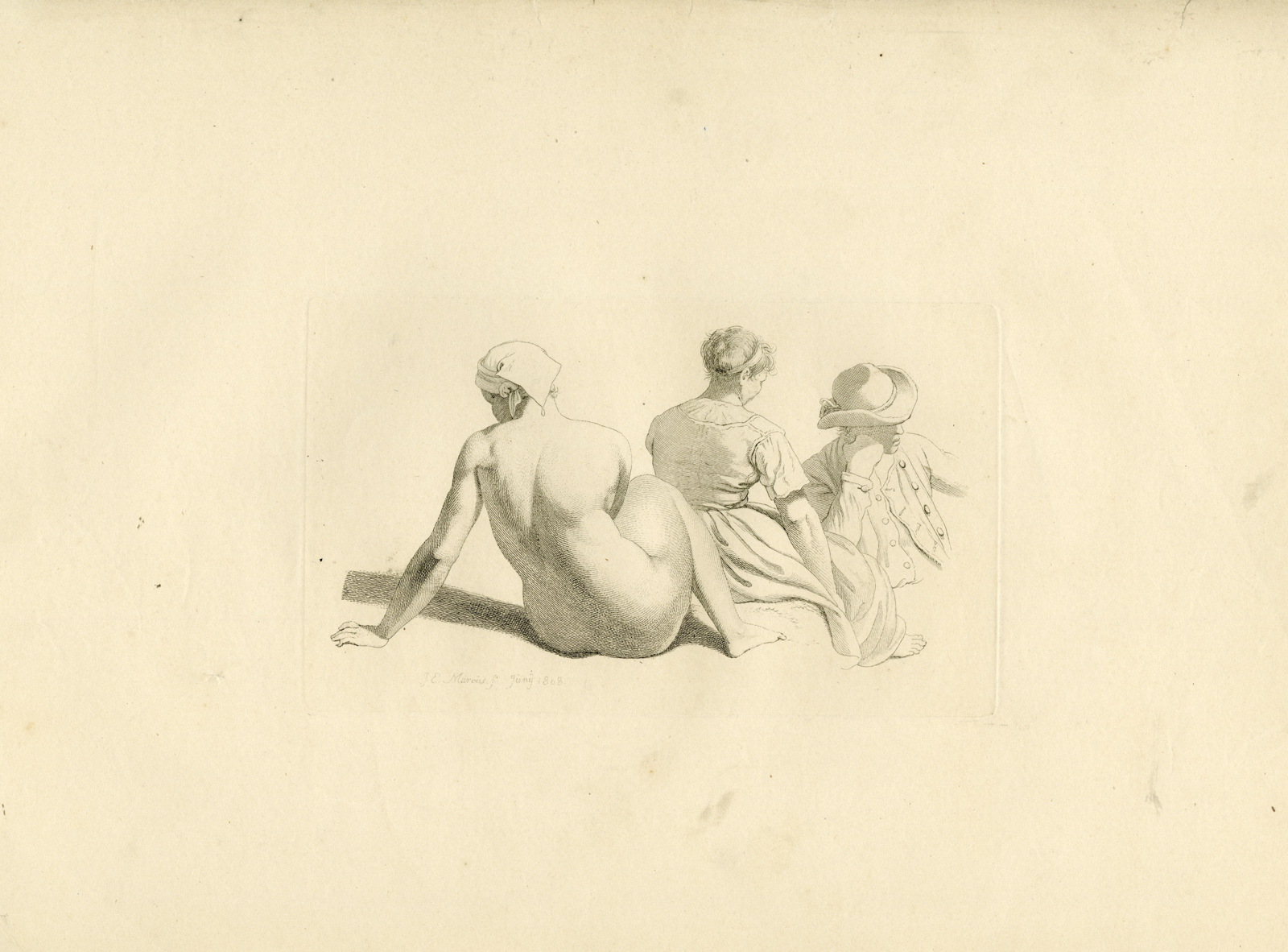 , Antique Master Print-SEATED-NUDE-STUDY-GENRE-FIGURES-Marcus-1813, Pictura Antique Prints