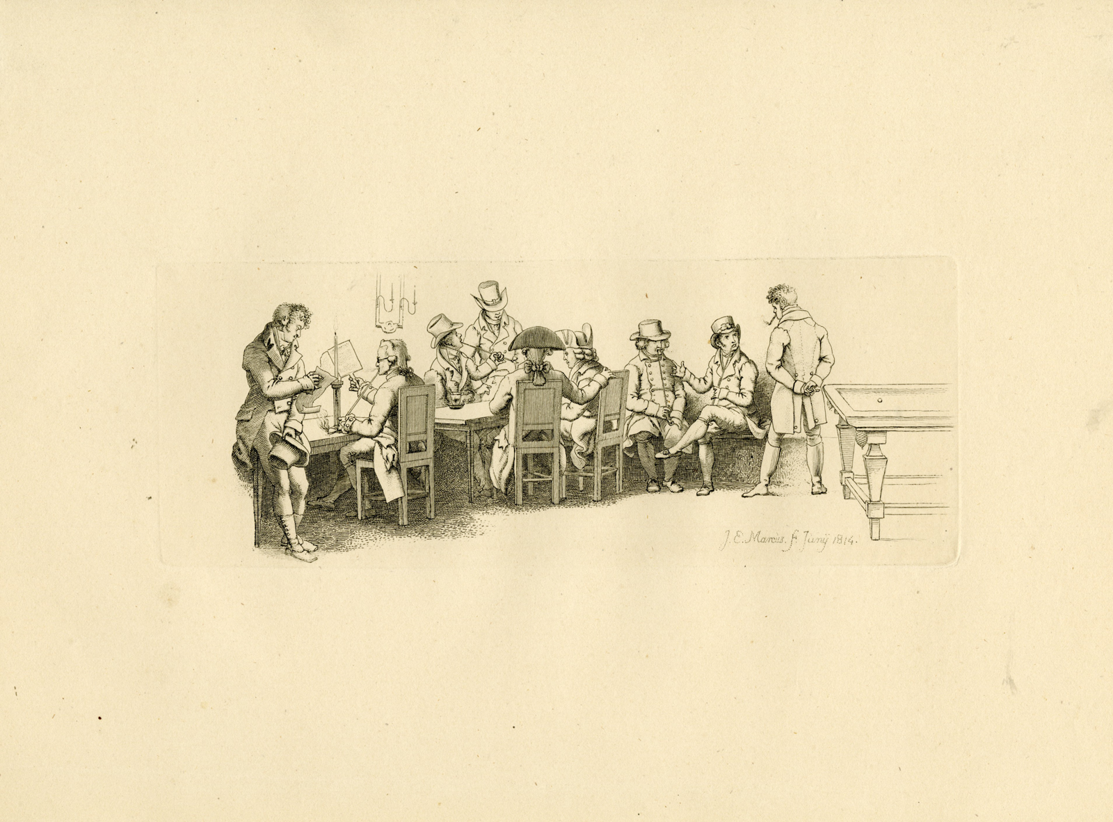 , Antique Master Print-TAVERN-MEETING-CONVERSATION-GENRE-SCENE-Marcus-1814, Pictura Antique Prints