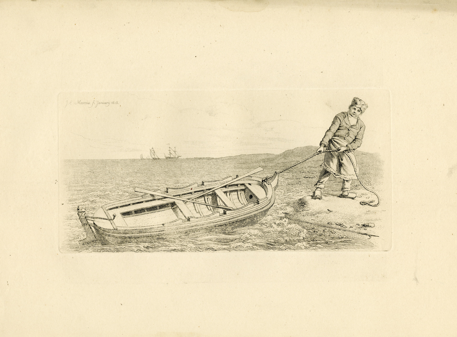 , Antique Master Print-MAN-PULLING-BOAT-ASHORE-MARITIME-GENRE-Marcus-1815, Pictura Antique Prints