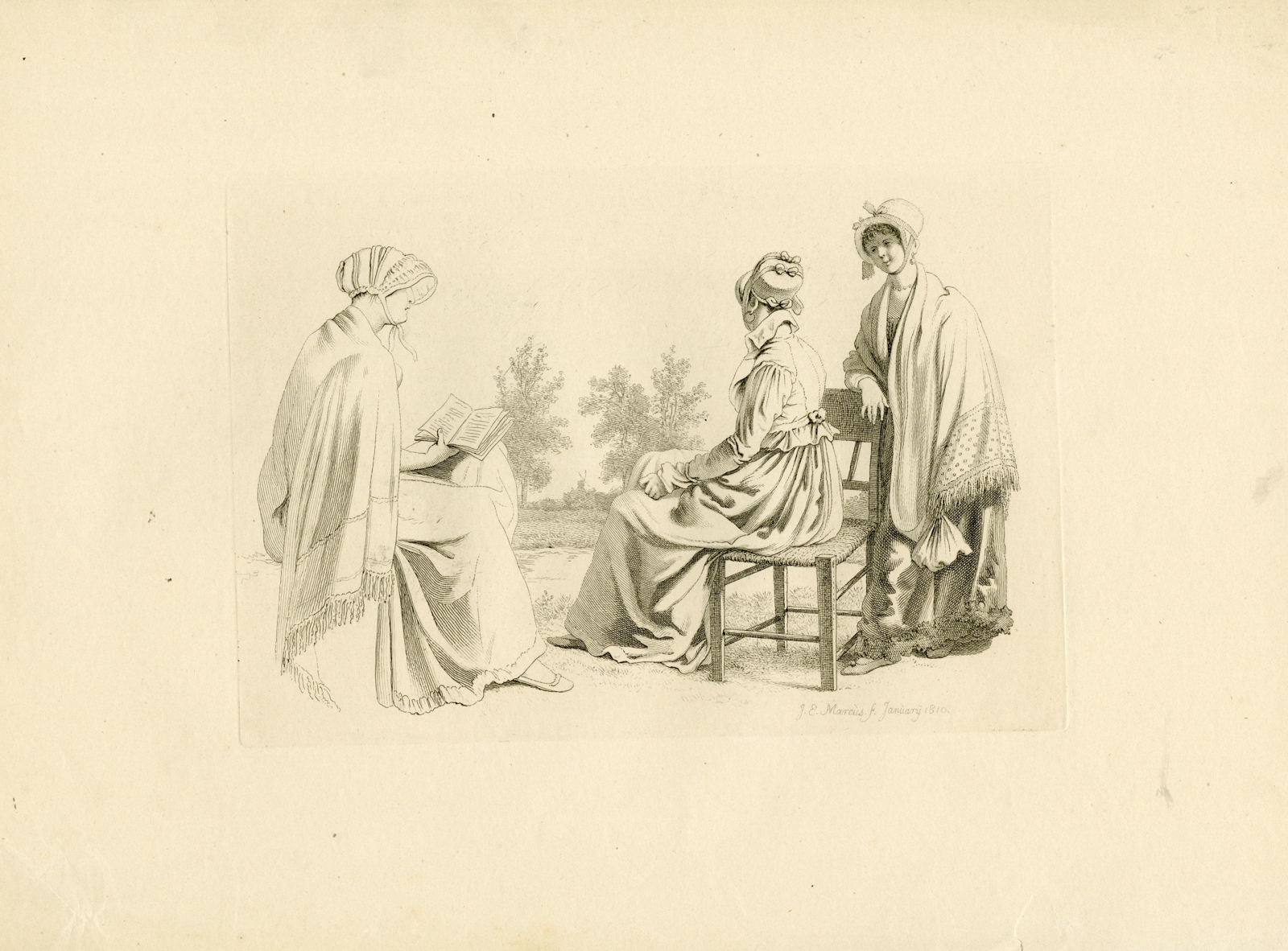 , Antique Master Print-THREE-WOMEN-READING-EMPIRE-FASHION-Marcus-1810, Pictura Antique Prints