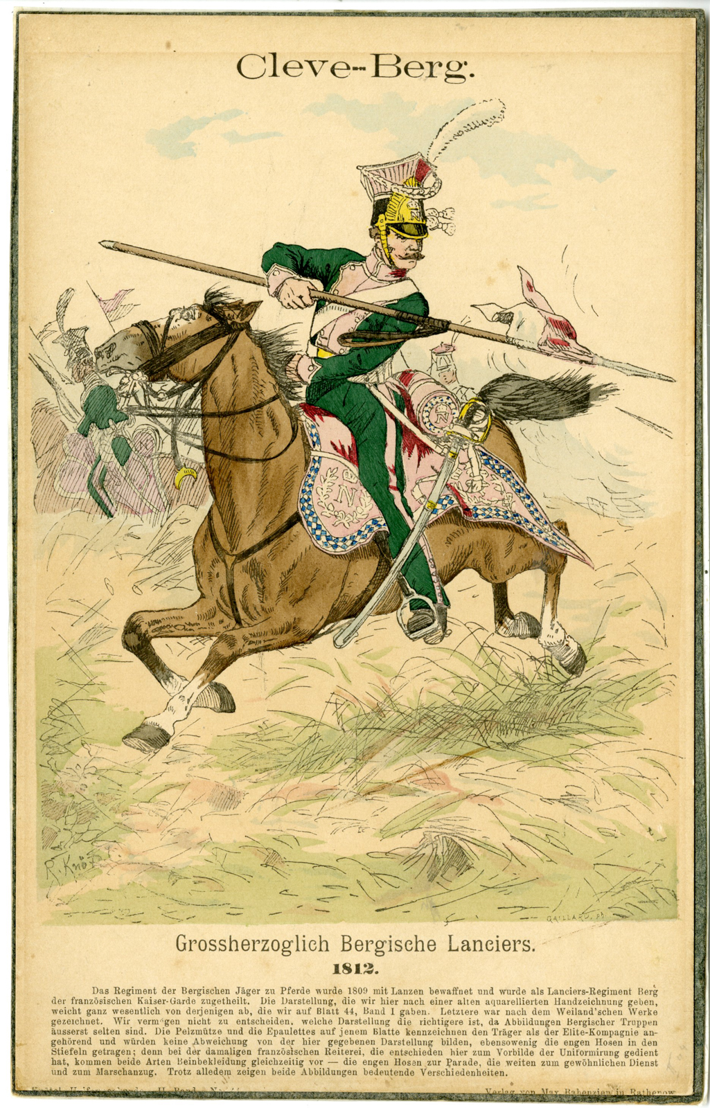 , Antique Print-BERG CAVALRY-HORSE-LANCER-GERMANY-Gaillard-Knobl-c.1885, Pictura Antique Prints